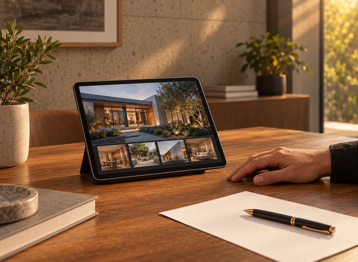Finished website on a tablet stand beside a relaxed hand, an unsigned sheet and a pen on a wooden table