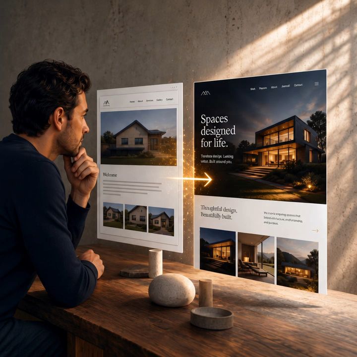 Before-and-after of a dated business website rebuilt into a premium custom website