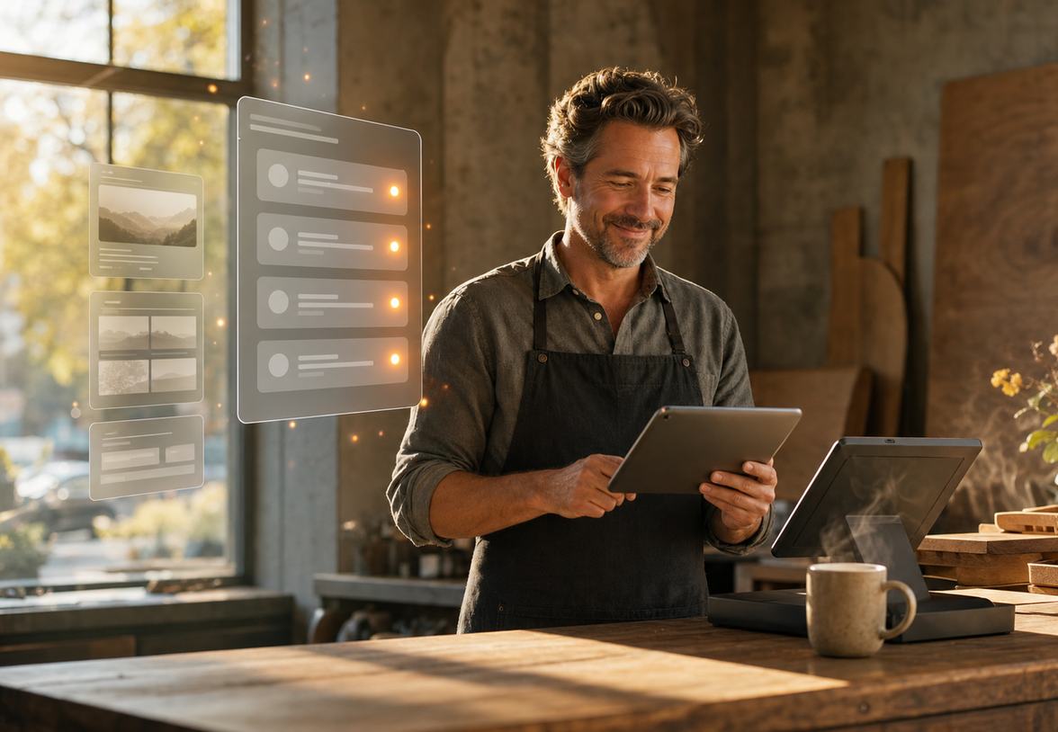 Shop owner reviewing his new site on a tablet as inquiry notifications light up beside him